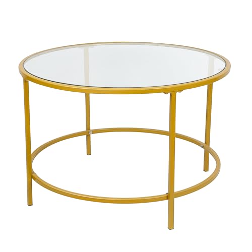 XUANYU ∅70 cm Couchtisch Glas Runder Wohnzimmertisch Glas Beistelltisch Moderner Kaffeetisch Glas für Wohnzimmer, Balkon, Terrasse, Garten, Büro (Transparent-Gold ∅70×45 cm) von XUANYU