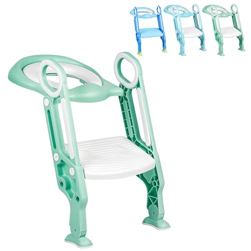 XUANYU Faltbarer WC-Sitz für 2 – 7 Jahre, WC-Sitz für Kinder, kompatibel mit Erwachsenentoilette, Toilettensitz mit Treppe, verstellbar auf 2 Etagen, Toilettensitz mit Kissen und Griff (Hellgrün) von XUANYU