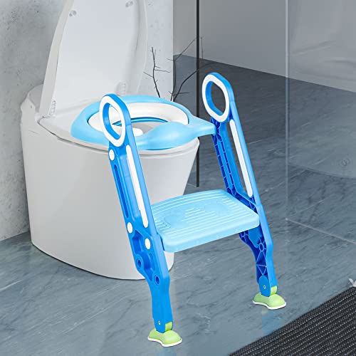 XUANYU Faltbares Toilettentrainer Toilettensitz Kinder mit Treppe Höhenverstellbar Toilettenaufsatz WC Sitz Kinder mit Weichem Kissen und Sicherheitsgriff von 1-7 Jahren (Blau) von XUANYU