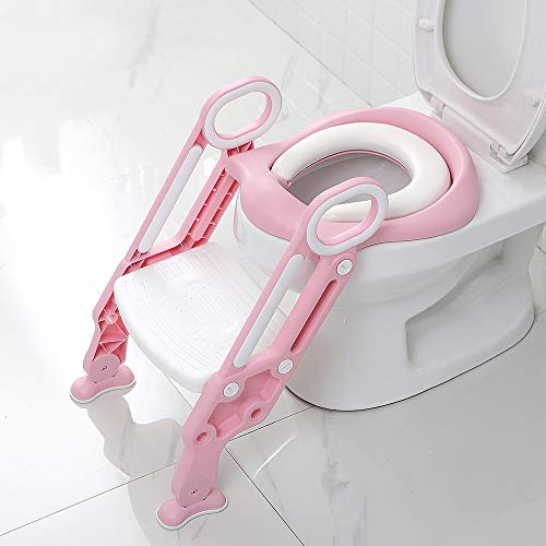 XUANYU Faltbares Toilettentrainer Toilettensitz Kinder mit Treppe Höhenverstellbar Toilettenaufsatz WC Sitz Kinder mit Weichem Kissen und Sicherheitsgriff von 1-7 Jahren (Rosa-weiß) von XUANYU