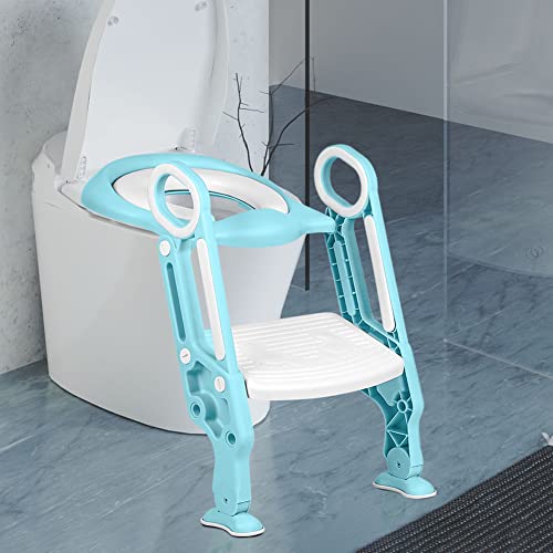 XUANYU Faltbares Toilettentrainer Toilettensitz Kinder mit Treppe Höhenverstellbar Toilettenaufsatz WC Sitz Kinder mit Weichem Kissen und Sicherheitsgriff von 1-7 Jahren (Weiß-blau) von XUANYU