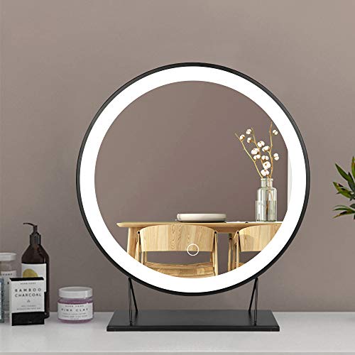 XUANYU Groß Runde Schminkspiegel mit Beleuchtung mit Metallrahmen Beweglich Tischspiegel Standspiegel, Eine Vielzahl von Spezifikationen (Schwarz, Kaltweiß Licht, 50cm) von XUANYU