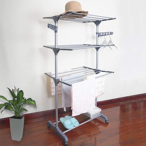 XUANYU Klappbarer Wäscheständer Standtrockner mit 4 Rollen 3 Ebenen Trockenaufhänger Wäscheständer mit Einstellbarer Schichtabstand, Grau, 72×56×152 cm, 3 Lagen von XUANYU