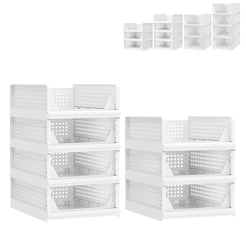 XUANYU Kleiderschrank, faltbar und stapelbar, Organizer für Kleidung und Kleiderschränke, Schubladenregal für Schlafzimmer, Küche, Wohnzimmer, Badezimmer (weiß, 4 Ebenen H-14 cm + 3 Ebenen H-14 cm) von XUANYU
