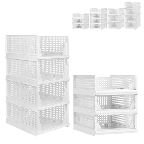 XUANYU Kleiderschrank, faltbar und stapelbar, Organizer für Kleidung und Kleiderschränke, Schubladenregal für Schlafzimmer, Küche, Wohnzimmer, Badezimmer (weiß, 4 Ebenen H-18 cm + 3 Ebenen H-14 cm) von XUANYU
