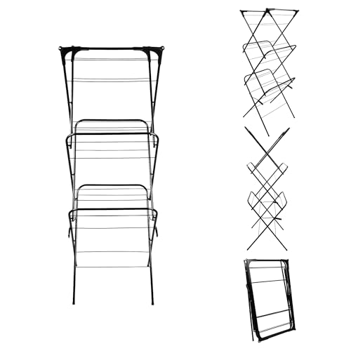 XUANYU Wäscheständer, 3 Ebenen, faltbar, für Kleidung, Wäscheständer mit 24 Stangen, freistehend, für den Innenbereich, schwarz, 49 x 44 x 137 cm von XUANYU