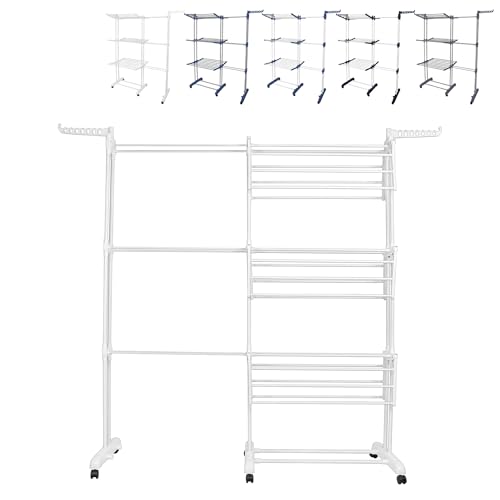 XUANYU Wäscheständer, 4 Ebenen, faltbar, für Kleidung, ausziehbar, mit drehbaren Flügeln, 6 faltbare Regale und 6 Rollen, Wäscheständer auf Füßen, Weiß (75-142) x 64 x 170 cm von XUANYU