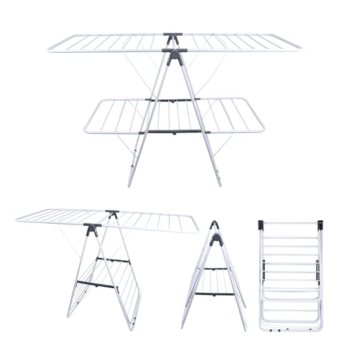 XUANYU Wäscheständer auf Füßen, zusammenklappbar, 2 Ebenen, freistehender Kleiderständer, für den Innenbereich (weiß, 147 x 56 x 98 cm) von XUANYU