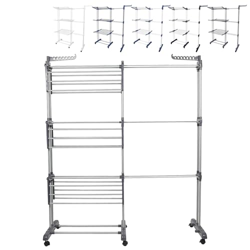 XUANYU Wäscheständer mit 4 Ebenen, ausziehbar, faltbar, mit 2 drehbaren Flügeln, 6 faltbaren Regalen und 6 Rollen, Wäscheständer auf Füßen (75-142) x 64 x 170 cm (grau) von XUANYU