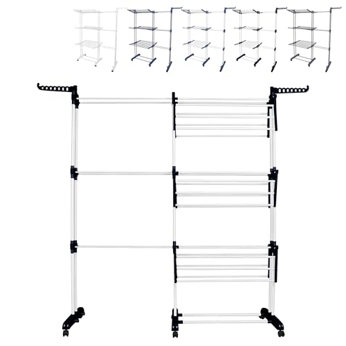 XUANYU Wäscheständer mit 4 Ebenen, ausziehbar, faltbar, mit 2 drehbaren Flügeln, 6 faltbaren Regalen und 6 Rollen, Wäscheständer auf Füßen (75-142) x 64 x 170 cm (schwarz-weiß) von XUANYU