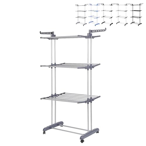 XUANYU Wäscheständer mit 4 Ebenen, zusammenklappbar, mit drehbaren Flügeln, 6 zusammenklappbaren Regalen und 4 Rollen, Wäscheständer auf Füßen, 75 x 64 x 170 cm (Grau) von XUANYU