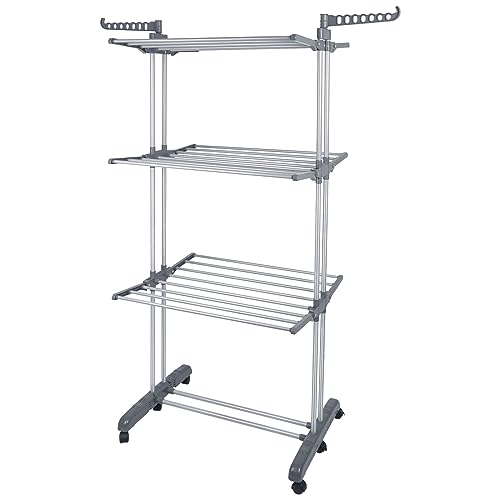 XUANYU Wäscheständer mit 4 Ebenen, zusammenklappbar, mit drehbaren Flügeln, 6 zusammenklappbaren Regalen und 4 Rollen, Wäscheständer auf Füßen, 75 x 64 x 170 cm (Grau/Silber) von XUANYU