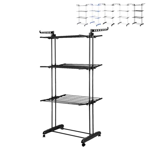 XUANYU Wäscheständer mit 4 Ebenen, zusammenklappbar, mit drehbaren Flügeln, 6 zusammenklappbaren Regalen und 4 Rollen, Wäscheständer auf Füßen, 75 x 64 x 170 cm (schwarz) von XUANYU
