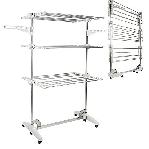 XUANYU Wäscheständer mit klappbaren Rollenfüßen Standtrockner Klappbarer 3 Ebenen Trockenaufhänger Wäscheständer mit Einstellbarer Schichtabstand, Weiß-Silber, 82×50×142 cm, 3 Lagen XUANYU Wäscheständer mit klappbaren Rollenfüßen Standtrockner Klappbarer 3 Ebenen Trockenaufhänger Wäscheständer mit Einstellbarer Schichtabstand, Weiß-Silber, 82×50×142 cm, 3 Lagen von XUANYU