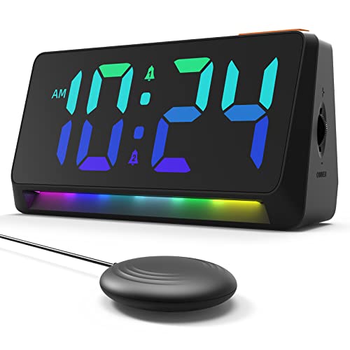XUANZIT Super Lauter Dual-Wecker mit ultradünnem Bettshaker, 100 dB lauter Alarm, großes RGB-Regenbogen-Display & Nachtlicht, USB-Ladeanschluss, Erwachsene, Schlafzimmer von XUANZIT