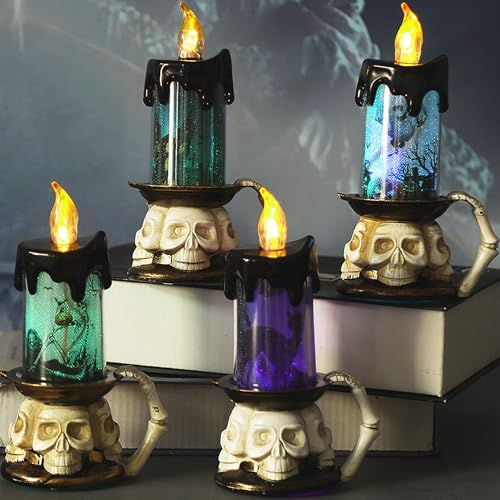 XUBX 4-tlg.LED-Kerzenlichter,Totenkopf-Kerzenhalter für -Party-Deko-Requisiten, Halloween-Deko mit Skelett-Hand, Halloween-Totenkopf-Heimdeko von XUBX