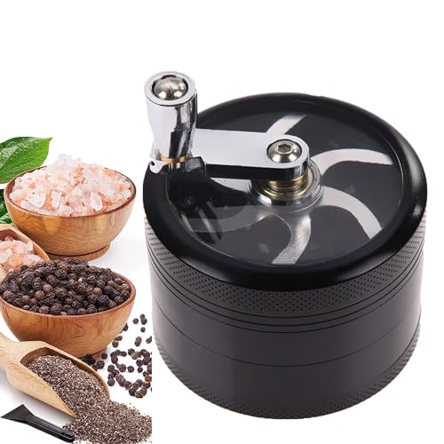XUBX Krautmühle mit Handkurbel, Metall Kräuter Mahler Schleifer, 4-teilige Kräutermühle mit Gewürzmühle, Magnetischer Oberseite und Sieb, Aluminium Crusher Gewürze Herb Grinder für Tabak(Schwarz) von XUBX