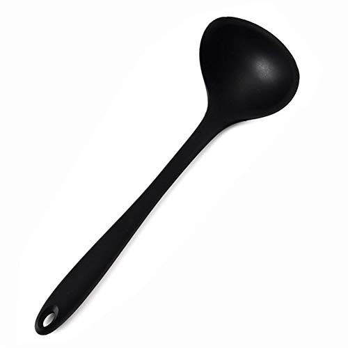 Suppenlöffel Antihaft-Silikon-Suppenlöffel gebogener Griff Unbreakable Rund Löffel for Küchenwerkzeug Dessertlöffel (Color : Black) von XUCHIL