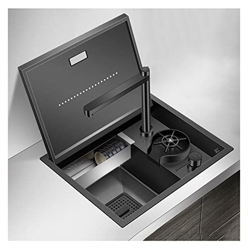 XUCS Versteckte Küchenspüle, 304 Edelstahl, Einzelschüssel, mit Druckbecherbrause und Heiß-Kalt-Wasserhahn, 47,7 x 38,1 cm, Schwarz von XUCS