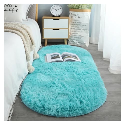 XUCZHAI Ovaler Dicker Teppich for Wohnzimmer, Plüsch-Schlafzimmerteppiche, Langflor-Plüschteppich, Kinderbett, Weiche Samtmatte, Heimdekoration(Blue,80X200cm) von XUCZHAI