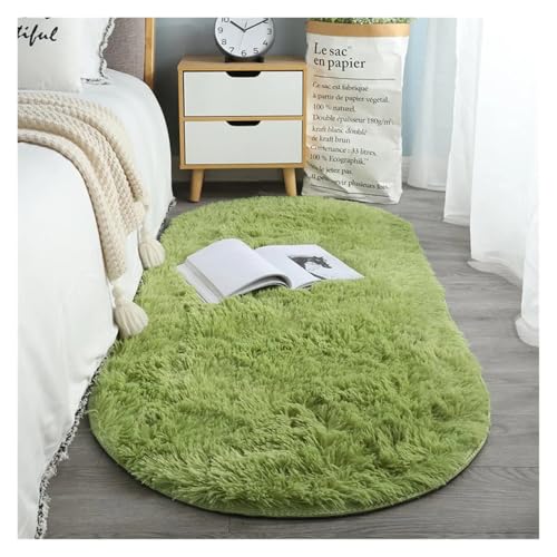 XUCZHAI Ovaler Dicker Teppich for Wohnzimmer, Plüsch-Schlafzimmerteppiche, Langflor-Plüschteppich, Kinderbett, Weiche Samtmatte, Heimdekoration(Green,60X90cm) von XUCZHAI
