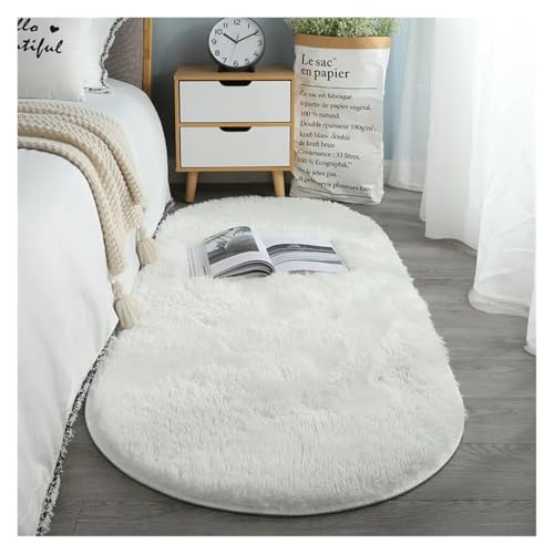 XUCZHAI Ovaler Dicker Teppich for Wohnzimmer, Plüsch-Schlafzimmerteppiche, Langflor-Plüschteppich, Kinderbett, Weiche Samtmatte, Heimdekoration(White,60X120cm) von XUCZHAI