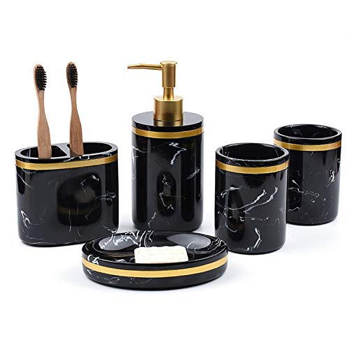 Badezimmer-Zubehör-Sets, 5-teiliges schwarzes Luxus-Badezimmer-Set, Marmor-Muster, Badezimmerzubehör, Zahnbürstenhalter, Lotionspender, Tassen, Seifenschale von XUDREZ