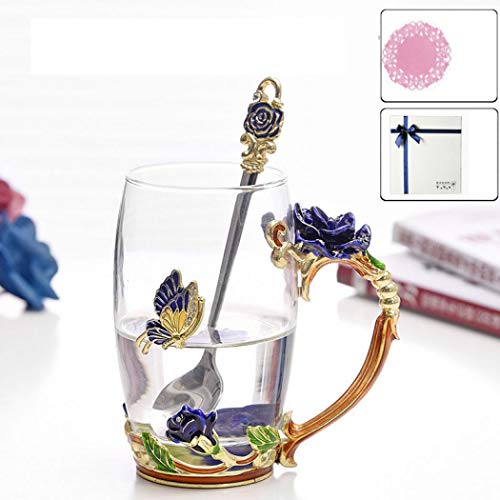 Emaille-Blumen-Glas-Kaffeetasse mit zartem Stahl-Löffel, Geschenk-Box für Ehefrau, Mutter, Mädchen, Lehrer zum Geburtstag, Valentinstag, Muttertag, Hochzeitstag (blau, 334 ml) von XUDREZ