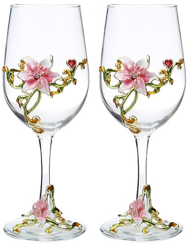 XUDREZ Weinglas-Set, handgefertigt, bemalt, Emaille, Blume, Gin-Ballon, Rotweinglas, 2er-Set, Geburtstagsgeschenke für Frauen, Mutter, Freunde, Muttertag, bleifrei (rosa Lilie (2er-Set) von XUDREZ