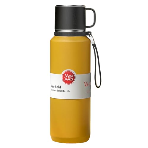 XUDREZ Edelstahl Thermosflasche mit Schichtfilter, Thermoskanne heiße und kalte Getränke Gelb 1 L - Hält 24 Stunden - Auslaufsichere vakuumisolierte Flaschen mit Becher für Kaffee Arbeit Milch von XUDREZ