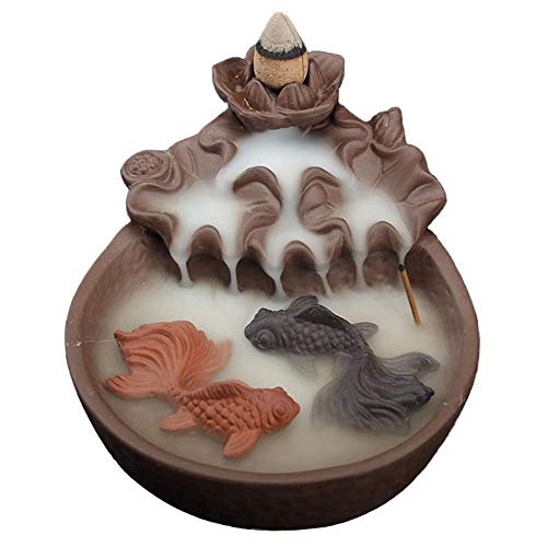 XUDREZ Fisch-Wasserfall-Rückfluss-Räuchergefäß Rückfließ Räucherstäbchen Halter mit 20 Rückfluss-Räucherkegeln, Heim-Keramik-Rückfluss-Räucherkegelhalter-Brenner von XUDREZ