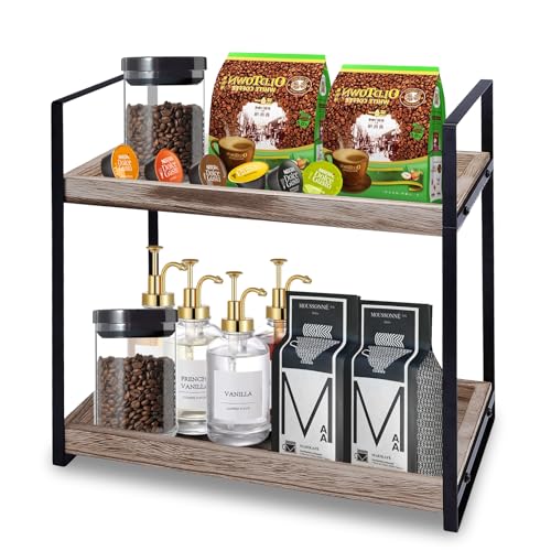 XUDREZ Kaffeestation Organizer für Arbeitsplatte, heiße Schokoladenstation, 2-stöckiges Kaffeebar-Zubehör, Kaffeebar-Zubehör und Organizer, Küchenregal aus Holz von XUDREZ