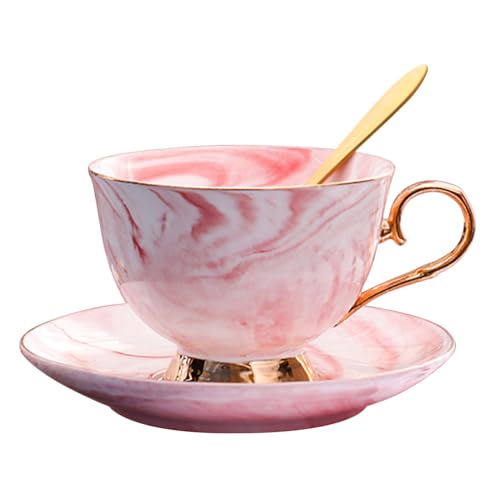 XUDREZ Porzellan Teetasse Kaffeetasse Set für Morgentee - mit Kaffeetasse + Untertasse + Teelöffel, 200 ml (Rosa) von XUDREZ