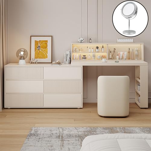 XUEBMA Moderne Kommode Mit 6 Schubladen,Spiegel Breitem Stauraum Und Soft-Close-Schubladen Schminktisch Aus Massivholz Fürs Schlafzimmer Einfache Montage(100cmx40x75cm) von XUEBMA