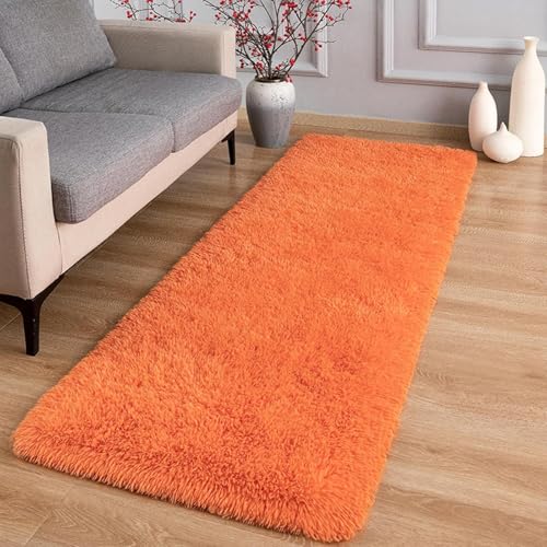 Teppich Schlafzimmer Teppich Weich 80 x 280 cm Waschbar Bis 30 Grad, Super Soft, Anti-Rutsch, Flauschig Weich Flauschiger Vorleger Modern Teppich Wohnzimmer für Wohnzimmer, Schlafzimmer, Orange von XUEDNGM