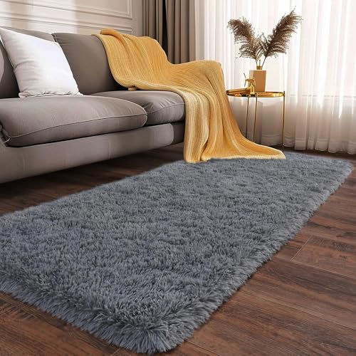 XUEDNGM Moderner Teppich Wohnzimmer Teppich Hochflor 120 x 230 cm Shaggy Flauschiger Teppich, Extra Weich, Pflegeleicht Und Einfarbig Soft Area Rug Teppich Wohnzimmer Einfarbig Teppich, Grau von XUEDNGM