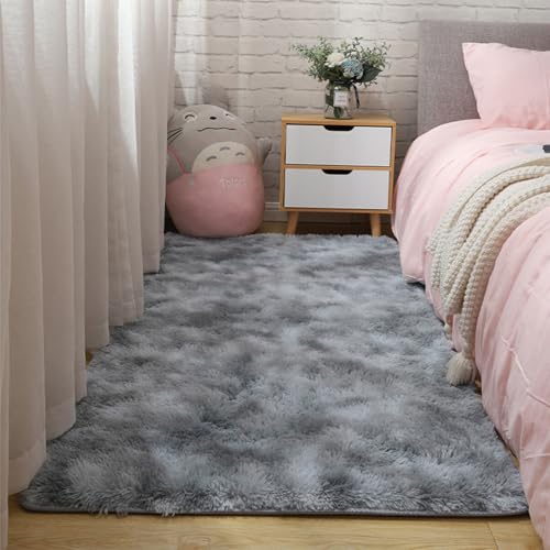 XUEDNGM Teppich Schlafzimmer Flauschig 60 x 120 cm Moderner Hochflor Teppich Wohnzimmer Uni Teppich Flauschig-Weiche, Weich, Pflegeleicht, Anti-Rutsch Unterseite, Hellgrau von XUEDNGM