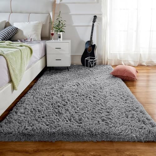 XUEDNGM Teppich Schlafzimmer Teppich Weich 115 x 420 cm Waschbar Bis 30 Grad, Super Soft, Anti-Rutsch, Flauschig Hochflor Waschbarer Teppich rutschfest Fellteppich für Wohnzimmer, Schlafzimmer, Grau von XUEDNGM