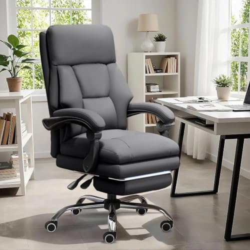 XUEGW Bürostuhl, höhenverstellbar, Chefsessel mit Fußstütze, bequemer Computerstuhl, hohe Rückenlehne, ergonomisch, Leder, Bürostühle von XUEGW