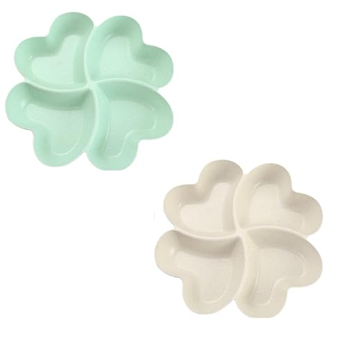 XUEHOU Snackteller Herzförmige Snackschale Süßigkeiten Schale Snackteller mit Fächern Snacktablett 4 Fach Obstteller Wiederverwendbar Hellgrün und Beige für Nüsse Desserts 2 Stück von XUEHOU