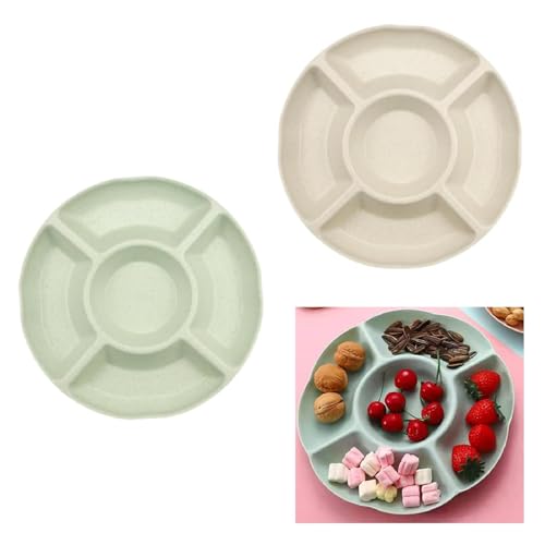 XUEHOU Snackteller Runden Snackschale Süßigkeiten Schale Snackteller mit Fächern Snacktablett 5 Fach Obstteller Wiederverwendbar Hellgrün und Cremeweiß für Nüsse Desserts 2 Stück von XUEHOU