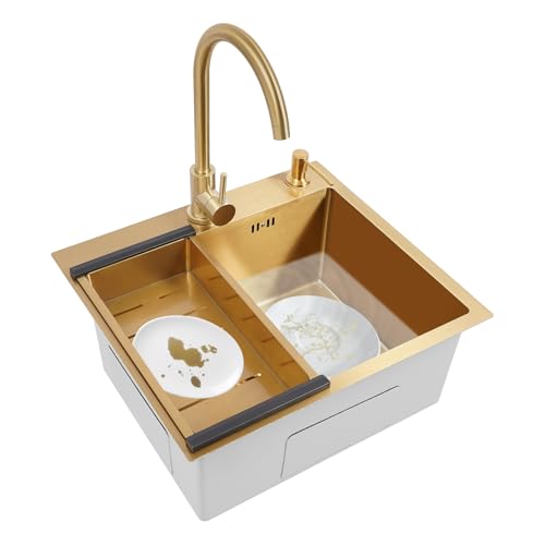 Spülbecken, 50x45x22cm Küchenspülen mit Wasserhahn und Abtropfkorb, Moderne Einbauspüle Set, Gold Spüle Aus Edelstahl für Haus, Küche, Esszimmer von XUEMANSHOP