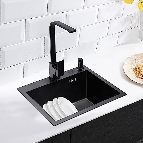 Spülbecken Edelstahl Eckig 45x40 cm, Küchenspüle mit Hahnloch mit Seifenspender Kitchen Sink inkl Siphon und Ablaufgarnitur von XUEMANSHOP