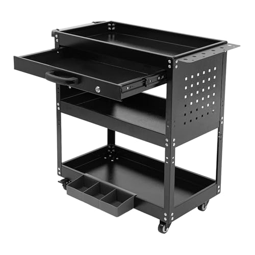 XUEMANSHOP Werkstattwagen, 3 Ebenen Werkzeugwagen mit Rädern, schubladen und 10 Haken, Tragkraft 250kg, Werkstatt Rollwagen mit Schloss, 77,6x81x35,66cm (Schwarz) von XUEMANSHOP