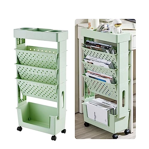 XUEMEIZI Mobiles Bücherregal, 5 Etagen, beweglicher Bücherregalwagen, Schreibtisch-Aktenorganisator mit Rollen, Bücherständer, mehrschichtige Aufbewahrung von Kleinigkeiten (Color : Green) von XUEMEIZI