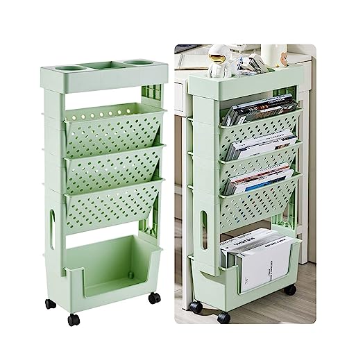 XUEMEIZI Mobiles Bücherregal, abnehmbares, bewegliches, einzigartiges Bücherregal, rollender Aufbewahrungswagen, Tisch-Seiten-Aufbewahrungskorb, 5-lagiges Zeitschriftenregal (Color : Green) von XUEMEIZI