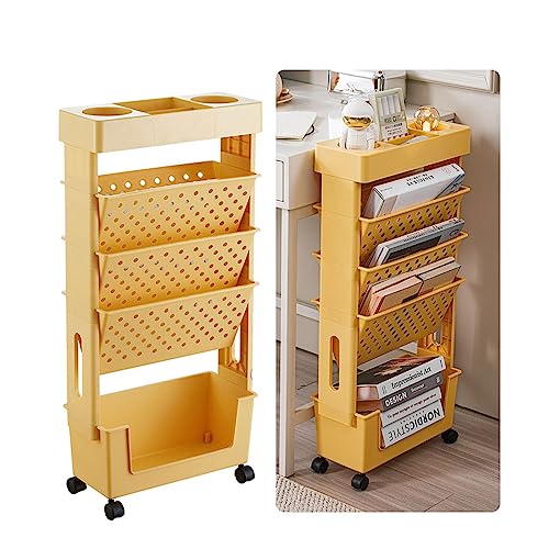 XUEMEIZI Mobiles Bücherregal, abnehmbares, bewegliches, einzigartiges Bücherregal, rollender Aufbewahrungswagen, Tisch-Seiten-Aufbewahrungskorb, 5-lagiges Zeitschriftenregal (Color : Orange) von XUEMEIZI
