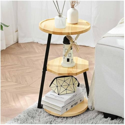 XUEQIZHENG Couchtisch, Runder Akzenttisch mit 3 Ebenen, Holztablett, Metallrahmen, Nachttisch für Wohnzimmer, Schlafzimmer, Büro(Wood) von XUEQIZHENG