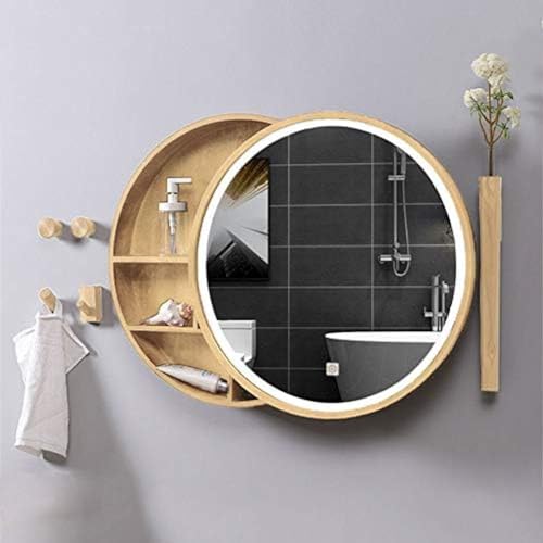 Badezimmerspiegelschrank mit LED-Beleuchtung/LED-Licht, beschlagfreier Badezimmerspiegel aus massivem Holz/runder Kosmetikspiegel zur Wandmontage, Holzfarbe, 50 cm (20 Zoll) von XUEYEDI
