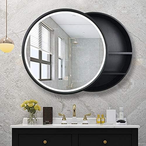 Badezimmerspiegelschrank mit LED-Beleuchtung/LED-Licht, beschlagfreier Badezimmerspiegel aus massivem Holz/runder Kosmetikspiegel zur Wandmontage, Schwarz, 50 cm (20 Zoll) von XUEYEDI
